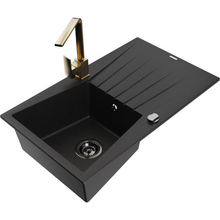 Mexen Cesar granite kitchen sink 1-bowl with drainer and Rita kitchen faucet, black - 6514-77-670300-50-B