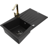 Mexen Cesar granite kitchen sink 1-bowl with drainer and Rita kitchen faucet, black - 6514-77-670300-50-B