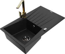 Mexen Cesar granite kitchen sink 1-bowl with drainer and Rita kitchen faucet, black - 6514-77-670300-50-B