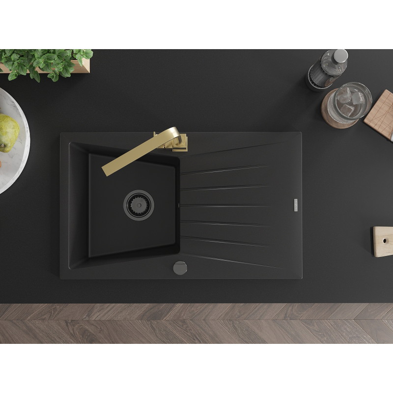 Mexen Cesar granite 1-bowl sink with drainer and Rita kitchen faucet, black - 6514-77-670300-50-B