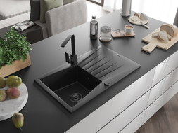Mexen Cesar granite kitchen sink with 1 bowl, drainer, and Rita black kitchen faucet - 6514-77-670300-70-B