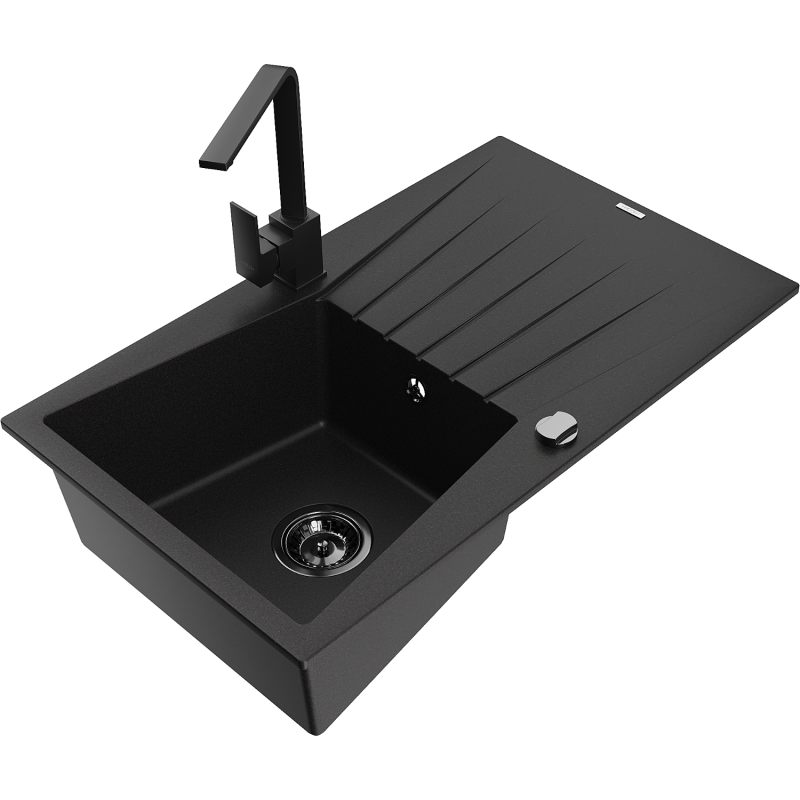Mexen Cesar 1-compartment granite sink with a drip tray and kitchen mixer tap Rita, Black - 6514-77-670300-70-B