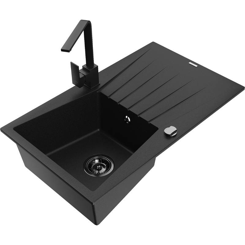 Mexen Cesar granite kitchen sink with 1 bowl, drainer, and Rita black kitchen faucet - 6514-77-670300-70-B