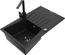 Mexen Cesar granite sink 1-bowl with drainer and Rita kitchen tap, black - 6514-77-670300-70-B