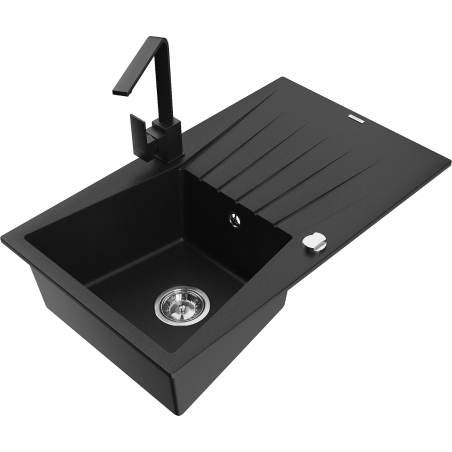 Mexen Cesar granite kitchen sink 1-bowl with drainer and kitchen faucet Rita, black - 6514-77-670300-70