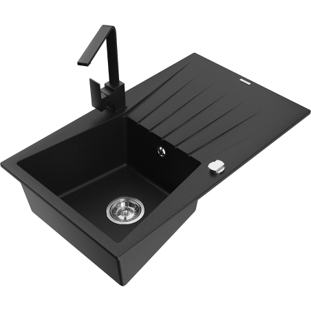 Mexen Cesar granite sink 1-bowl with drainer and kitchen faucet Rita, black - 6514-77-670300-70