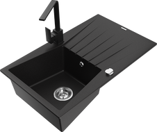 Mexen Cesar granite kitchen sink 1-bowl with drainer and kitchen faucet Rita, black - 6514-77-670300-70