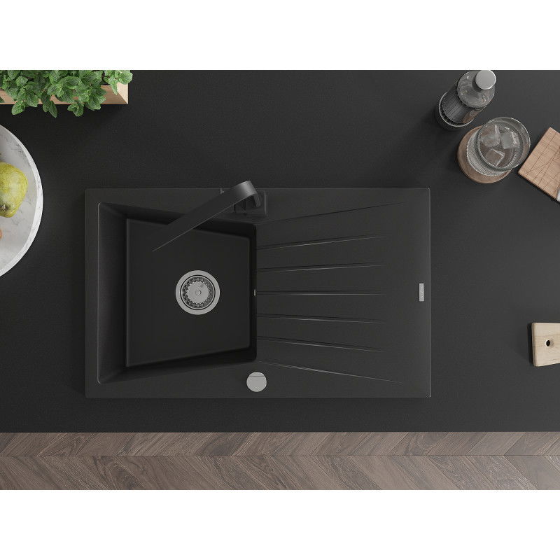 Mexen Cesar granite sink 1-bowl with drainer and Rita kitchen tap, black - 6514-77-670300-70