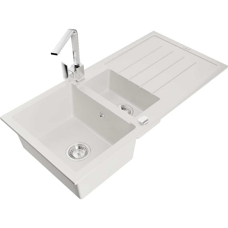 Mexen Andres 1.5-compartment granite sink with a drip tray and kitchen mixer tap Rita, White - 6515-20-670300-00