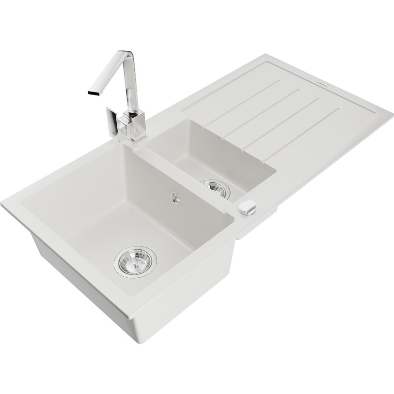 Mexen Andres Rita 1.5-bowl granite sink with drainer and kitchen faucet, white - 6515-20-670300-00