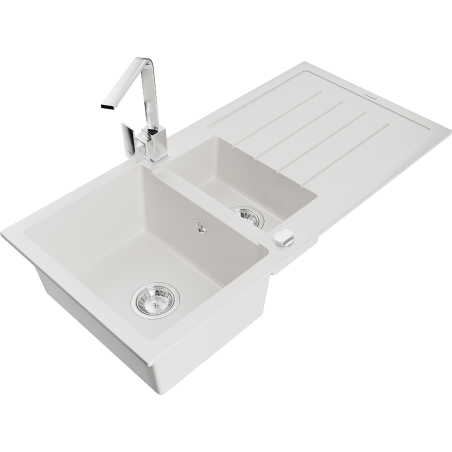 Mexen Andres 1.5-compartment granite sink with a drip tray and kitchen mixer tap Rita, White - 6515-20-670300-00