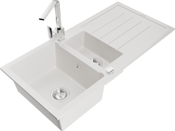 Mexen Andres 1.5-compartment granite sink with a drip tray and kitchen mixer tap Rita, White - 6515-20-670300-00