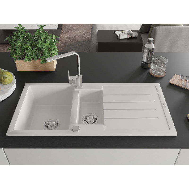 Mexen Andres 1.5-bowl granite sink with drainer and Rita kitchen tap, white - 6515-20-670300-00