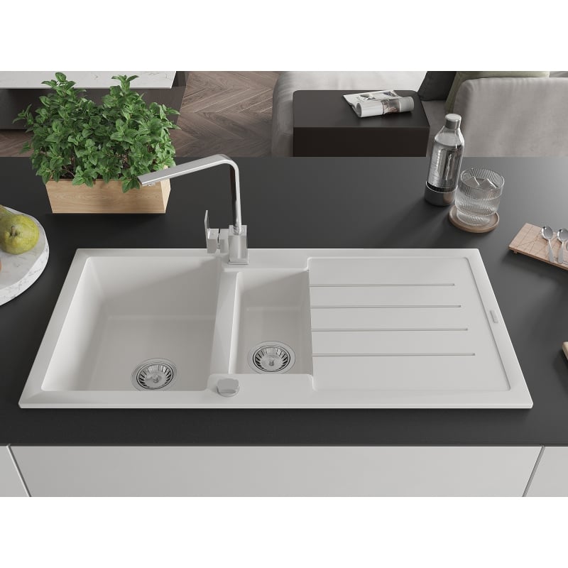 Mexen Andres Rita 1.5-bowl granite sink with drainer and kitchen faucet, white - 6515-20-670300-00