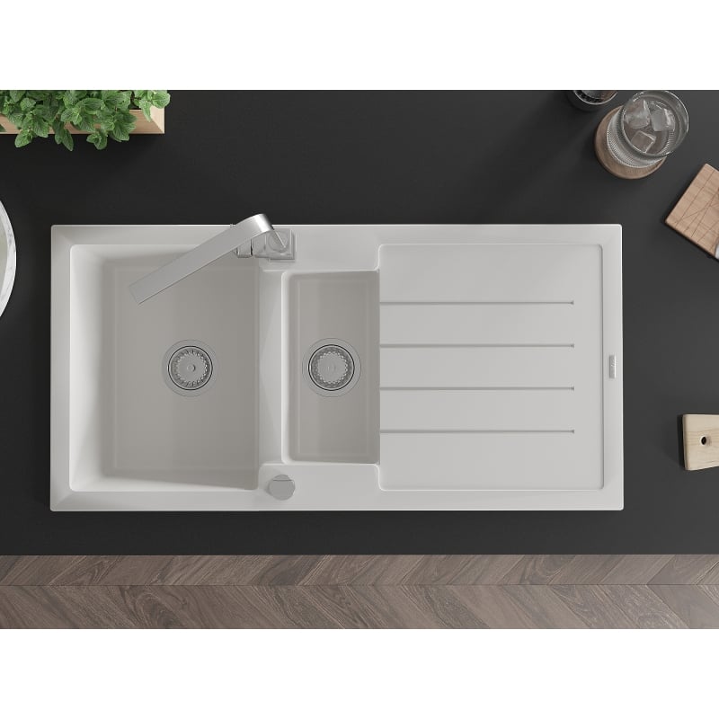 Mexen Andres Rita 1.5-bowl granite sink with drainer and kitchen faucet, white - 6515-20-670300-00