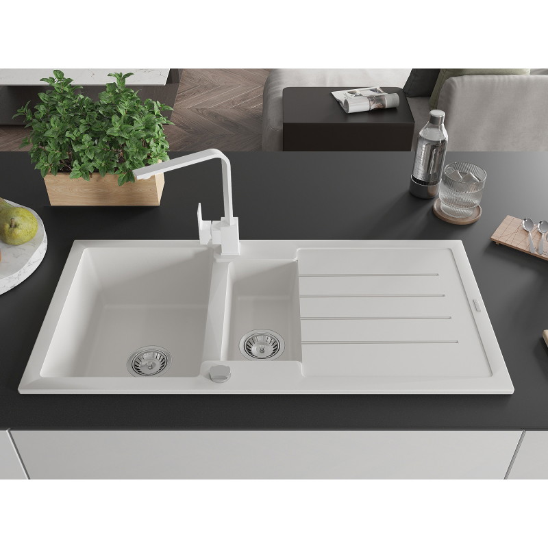 Mexen Andres granite sink 1.5-bowl with drainer and kitchen faucet Rita, white - 6515-20-670300-20