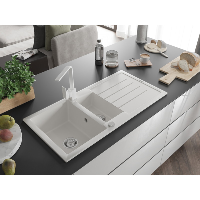 Mexen Andres granite sink 1.5-bowl with drainer and kitchen faucet Rita, white - 6515-20-670300-20