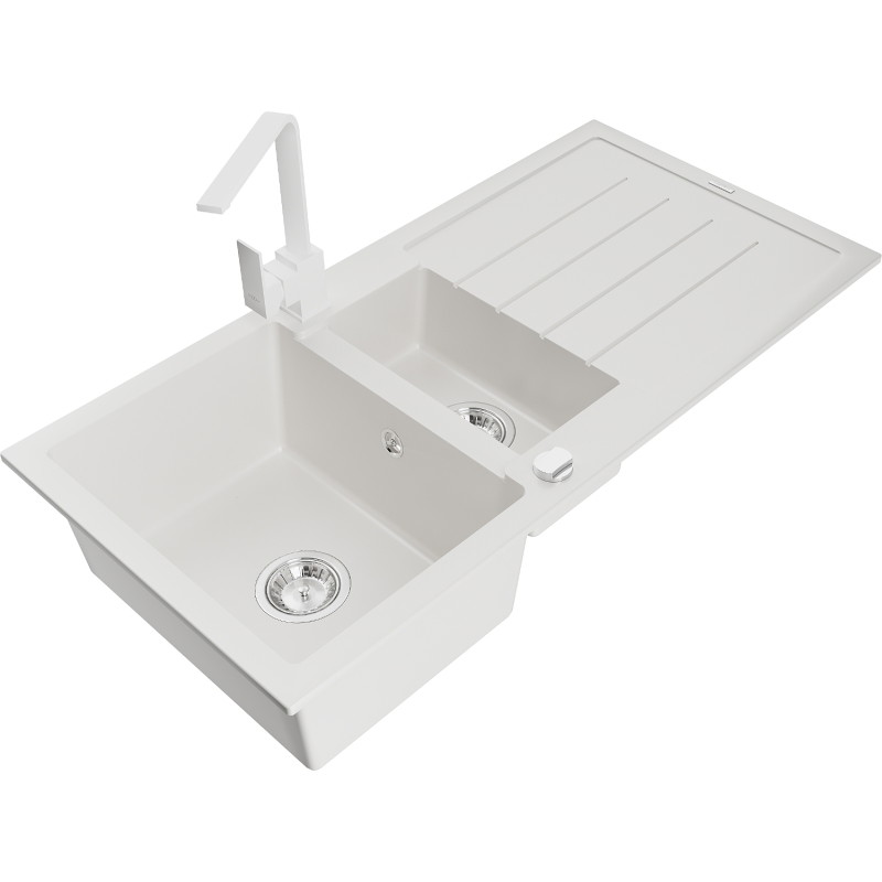 Mexen Andres granite sink 1.5-bowl with drainer and Rita kitchen faucet, white - 6515-20-670300-20