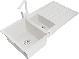Mexen Andres granite sink 1.5-bowl with drainer and kitchen faucet Rita, white - 6515-20-670300-20