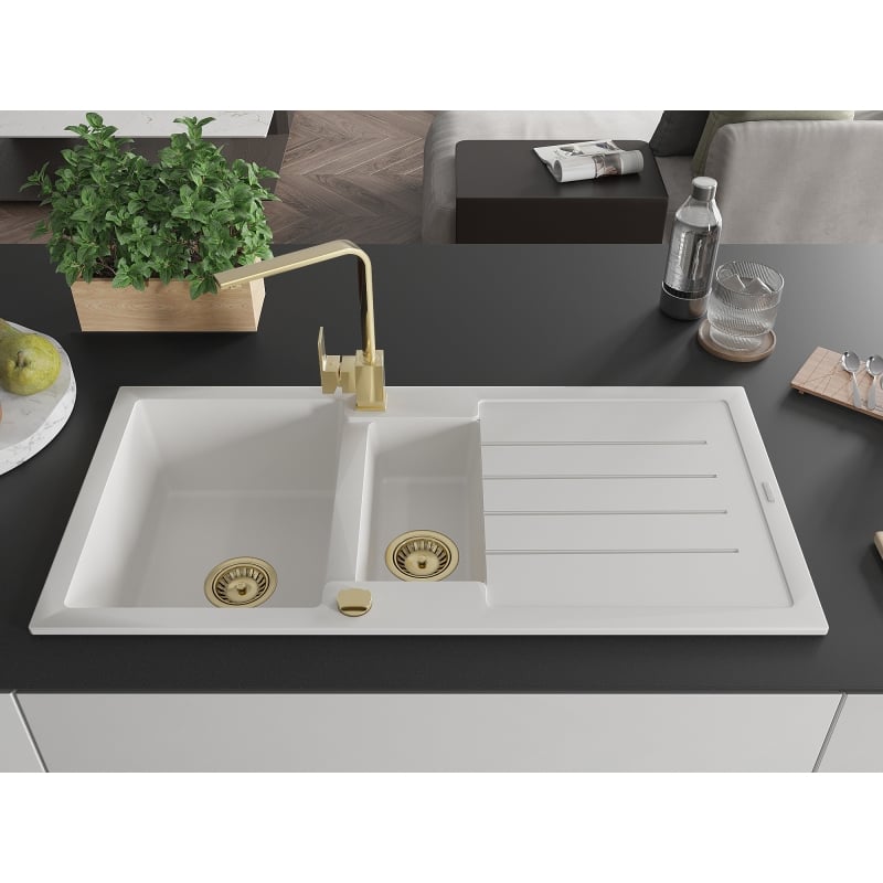 Mexen Andres 1.5-bowl granite sink with drainer and kitchen tap Rita, white - 6515-20-670300-50