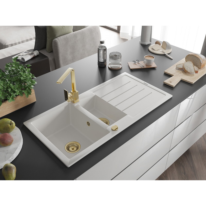 Mexen Andres 1.5-bowl granite sink with drainer and kitchen tap Rita, white - 6515-20-670300-50
