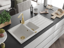 Mexen Andres 1.5-compartment granite sink with a drip tray and kitchen mixer tap Rita, White - 6515-20-670300-50