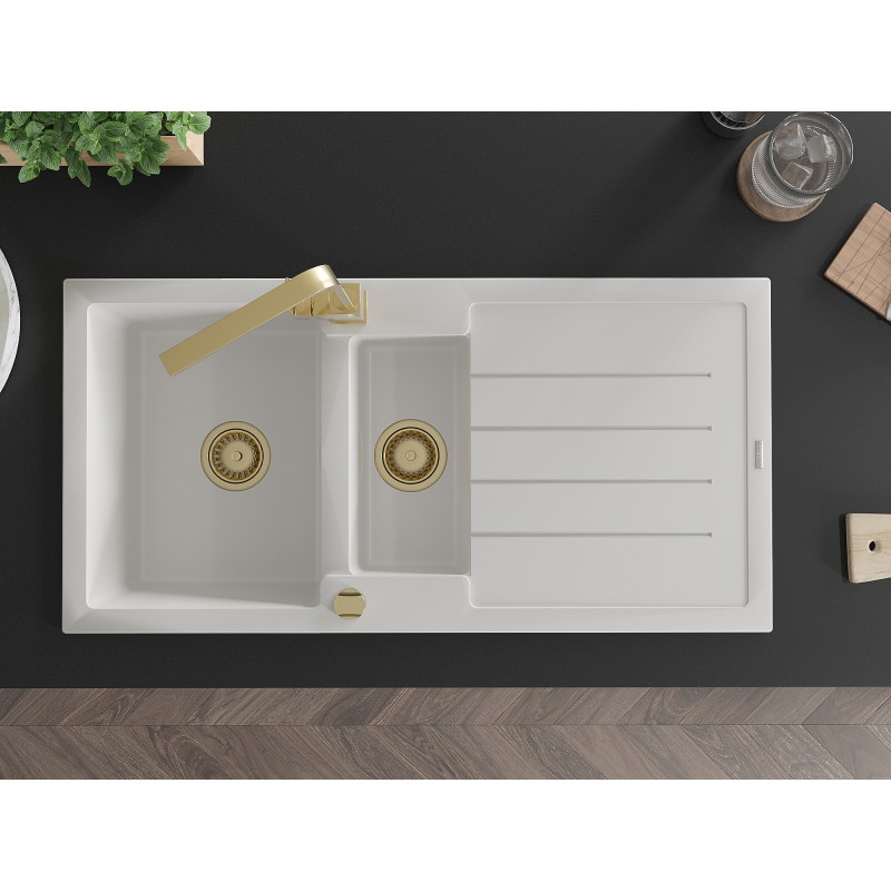 Mexen Andres granite kitchen sink 1.5-bowl with drainer and Rita kitchen tap, white - 6515-20-670300-50