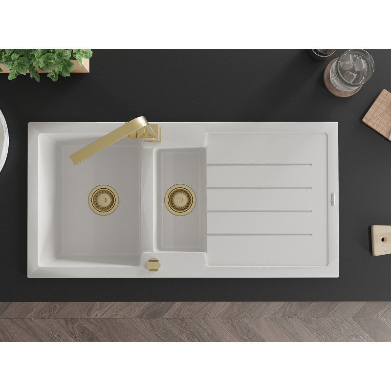 Mexen Andres granite sink 1.5-bowl with drainer and Rita kitchen tap, white - 6515-20-670300-50