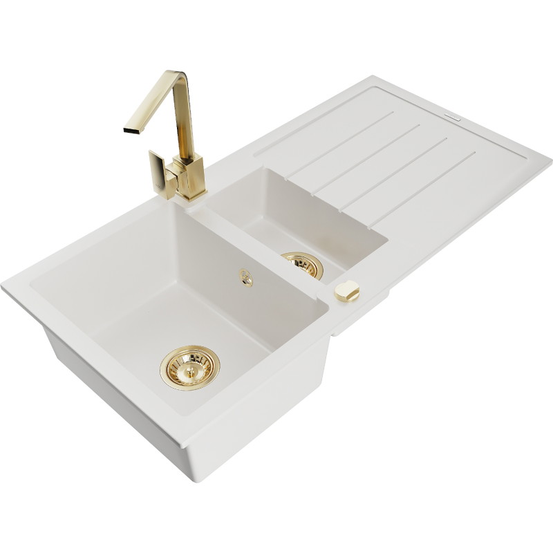 Mexen Andres 1.5-bowl granite sink with drainer and kitchen tap Rita, white - 6515-20-670300-50