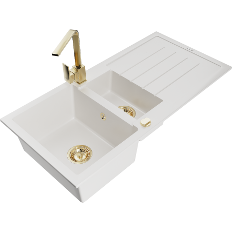 Mexen Andres 1.5-bowl granite sink with drainer and kitchen tap Rita, white - 6515-20-670300-50