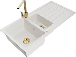 Mexen Andres 1.5-compartment granite sink with a drip tray and kitchen mixer tap Rita, White - 6515-20-670300-50