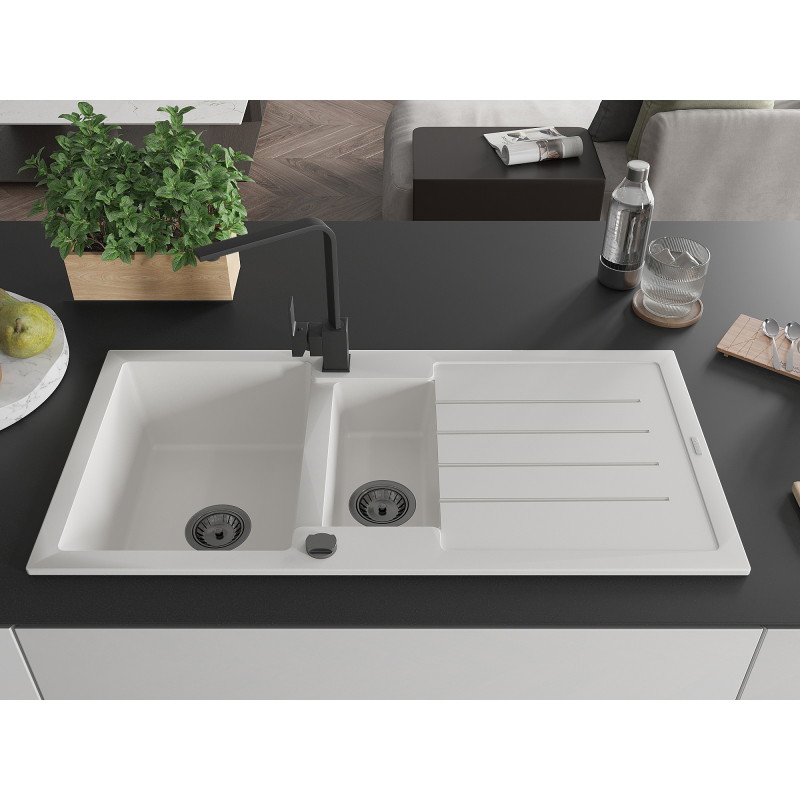 Mexen Andres 1.5-bowl granite sink with drainer and Rita kitchen faucet, white - 6515-20-670300-70