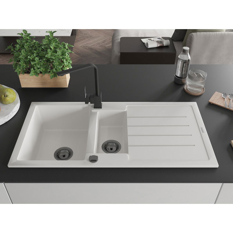 Mexen Andres granite sink 1.5-bowl with drainer and Rita kitchen tap, white - 6515-20-670300-70