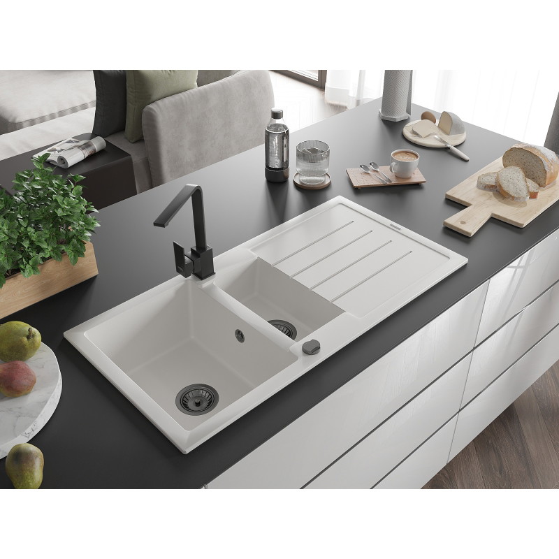 Mexen Andres 1.5-bowl granite sink with drainer and Rita kitchen faucet, white - 6515-20-670300-70