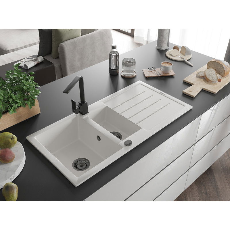 Mexen Andres granite sink 1.5-bowl with drainer and Rita kitchen tap, white - 6515-20-670300-70