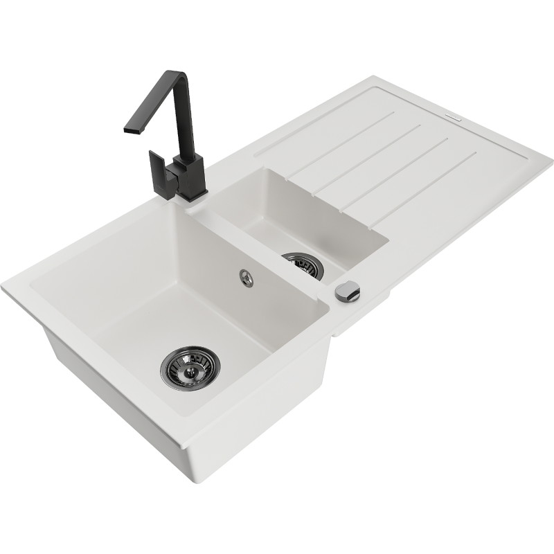 Mexen Andres 1.5-bowl granite sink with drainer and Rita kitchen faucet, white - 6515-20-670300-70