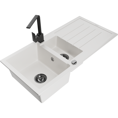 Mexen Andres 1.5-bowl granite sink with drainer and Rita kitchen faucet, white - 6515-20-670300-70