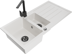 Mexen Andres 1.5-bowl granite sink with drainer and Rita kitchen faucet, white - 6515-20-670300-70