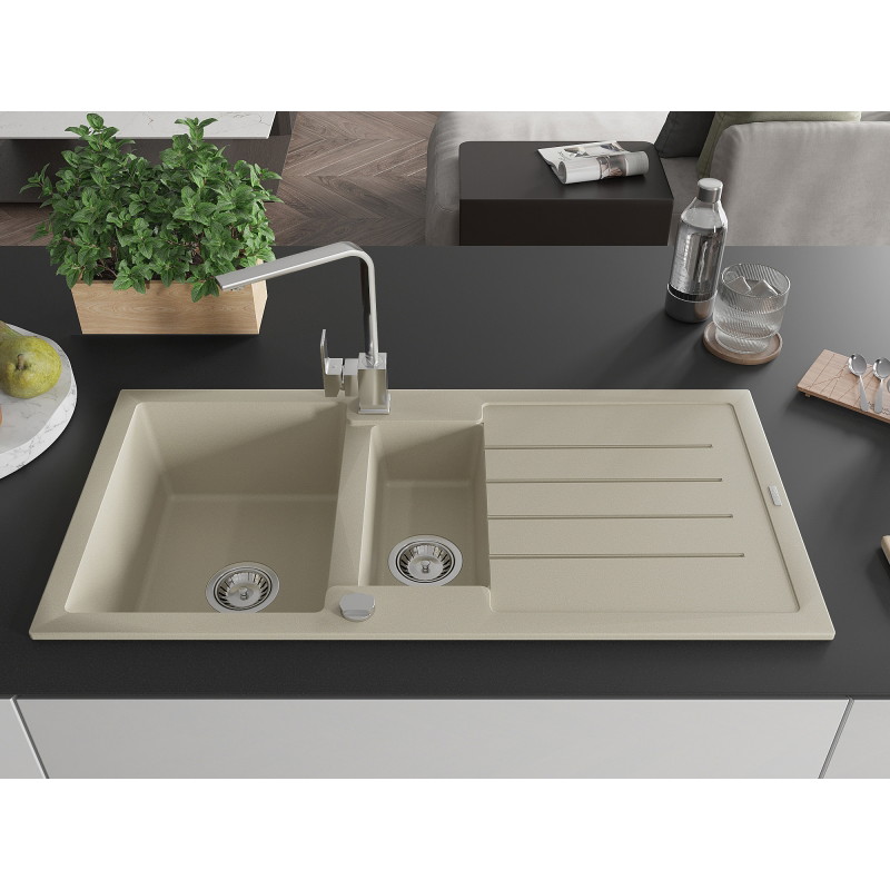 Mexen Andres 1.5-bowl granite sink with drainer and kitchen faucet Rita, beige - 6515-69-670300-00