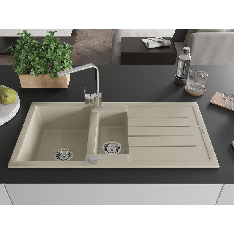 Mexen Andres 1.5-bowl granite sink with drainer and Rita kitchen tap, beige - 6515-69-670300-00
