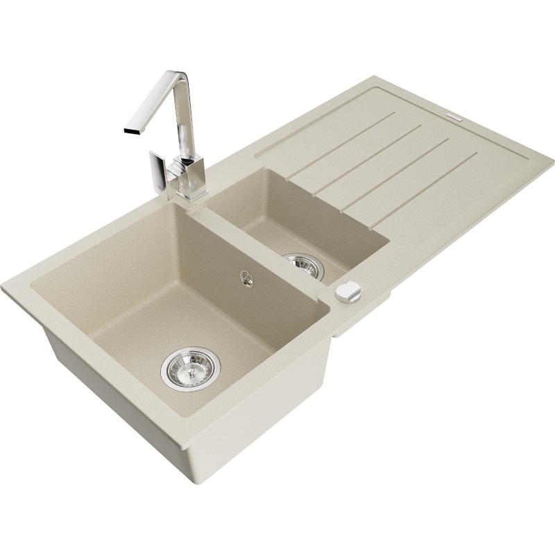 Mexen Andres 1.5-bowl granite sink with drainer and Rita kitchen tap, beige - 6515-69-670300-00