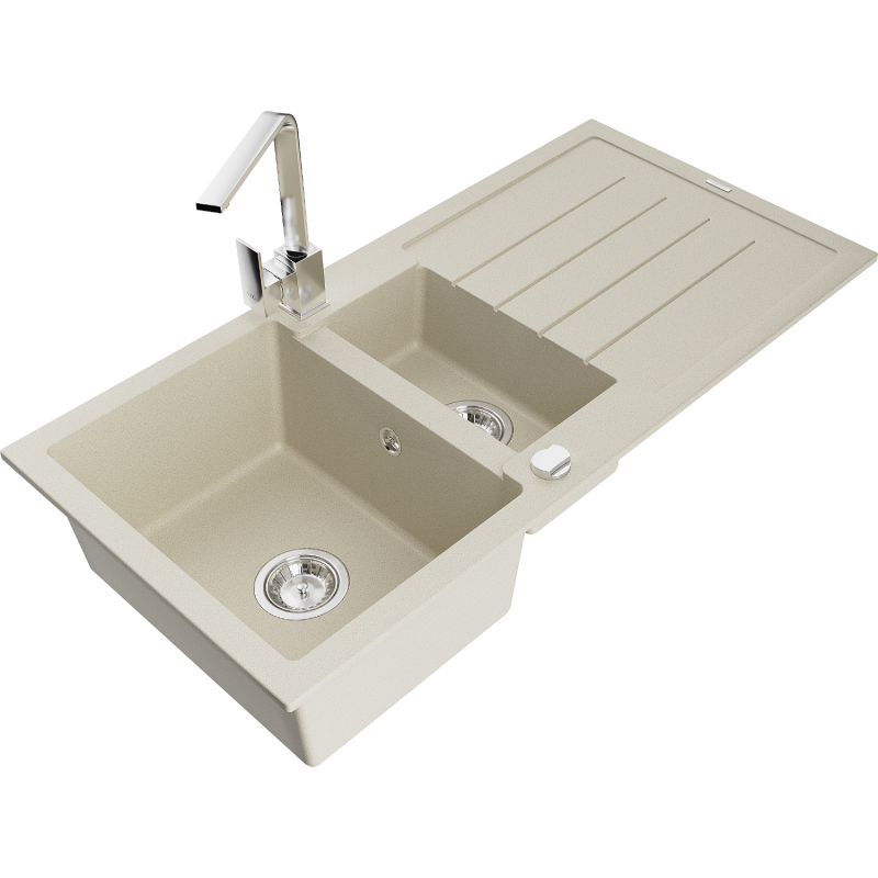 Mexen Andres 1.5-compartment granite sink with a drip tray and kitchen mixer tap Rita, Beige - 6515-69-670300-00
