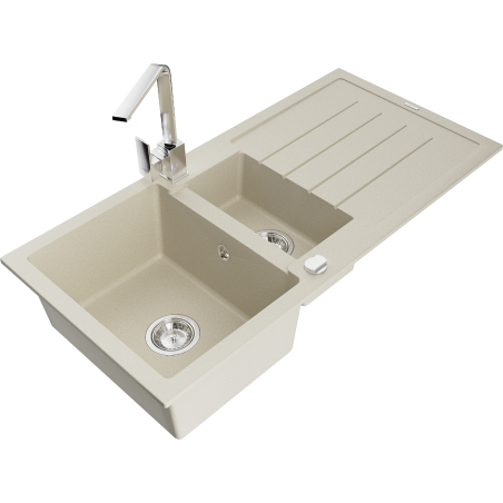 Mexen Andres 1.5-bowl granite sink with drainer and Rita kitchen tap, beige - 6515-69-670300-00