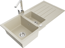 Mexen Andres 1.5-compartment granite sink with a drip tray and kitchen mixer tap Rita, Beige - 6515-69-670300-00
