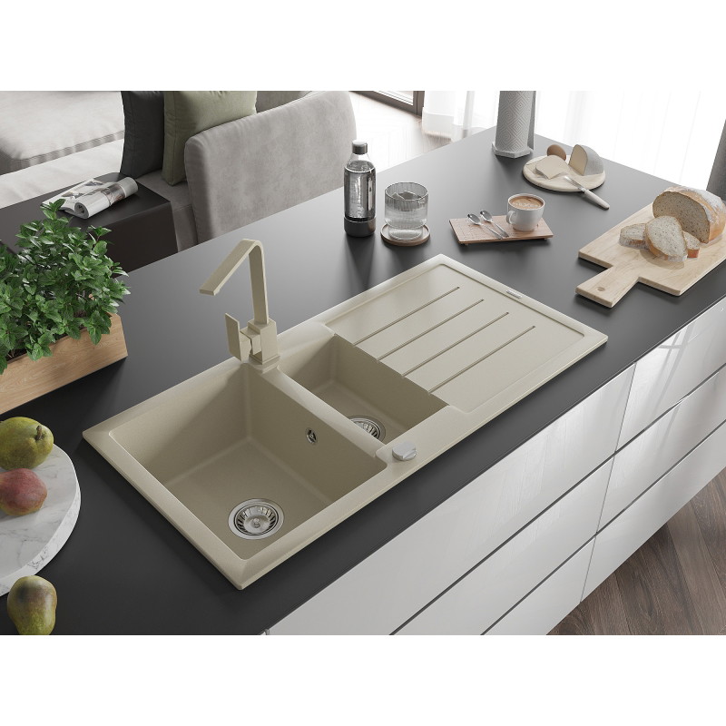 Mexen Andres granite sink 1.5-bowl with drainer and kitchen faucet Rita, beige - 6515-69-670300-69