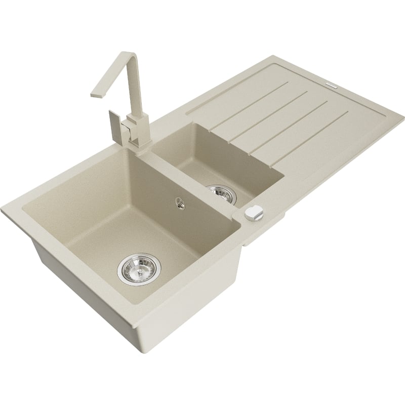 Mexen Andres granite sink 1.5-bowl with drainer and kitchen faucet Rita, beige - 6515-69-670300-69