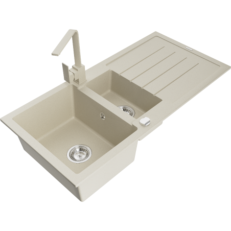 Mexen Andres granite sink 1.5-bowl with drainer and kitchen tap Rita, beige - 6515-69-670300-69