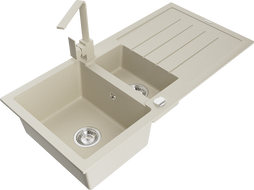 Mexen Andres 1.5-compartment granite sink with a drip tray and kitchen mixer tap Rita, Beige - 6515-69-670300-69