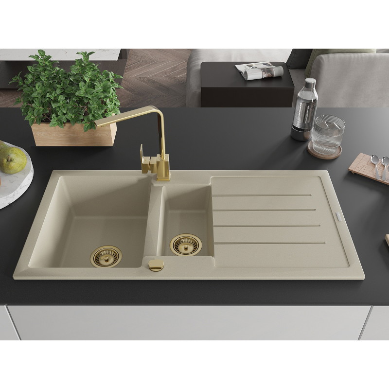 Mexen Andres granite sink 1.5-bowl with drainer and kitchen faucet Rita, beige - 6515-69-670300-50