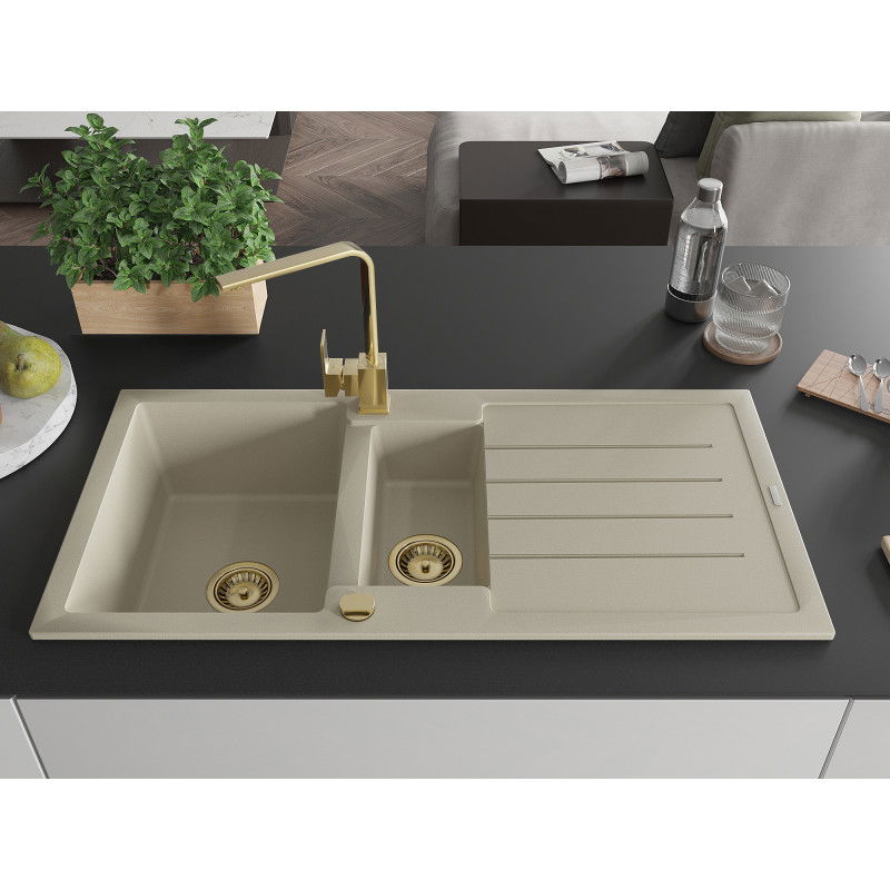 Mexen Andres granite sink 1.5-bowl with drainer and Rita kitchen tap, beige - 6515-69-670300-50